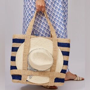 Hat Attack The Original Straw Traveler Bag- Navy Stripe
